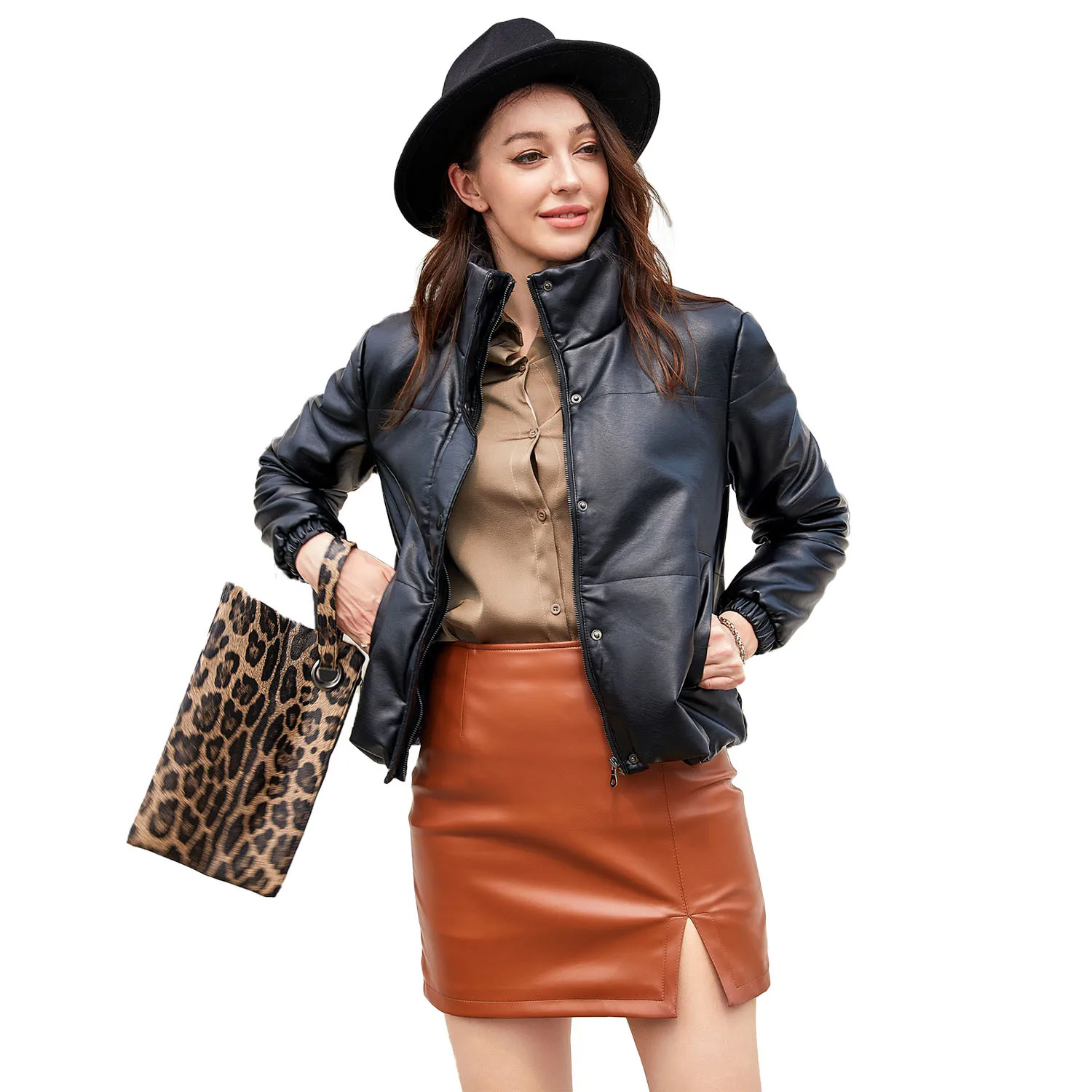 New European Size Short Autumn and Winter Leather Coat for Women European and American Thickened Cotton Coat Puffer Jacket