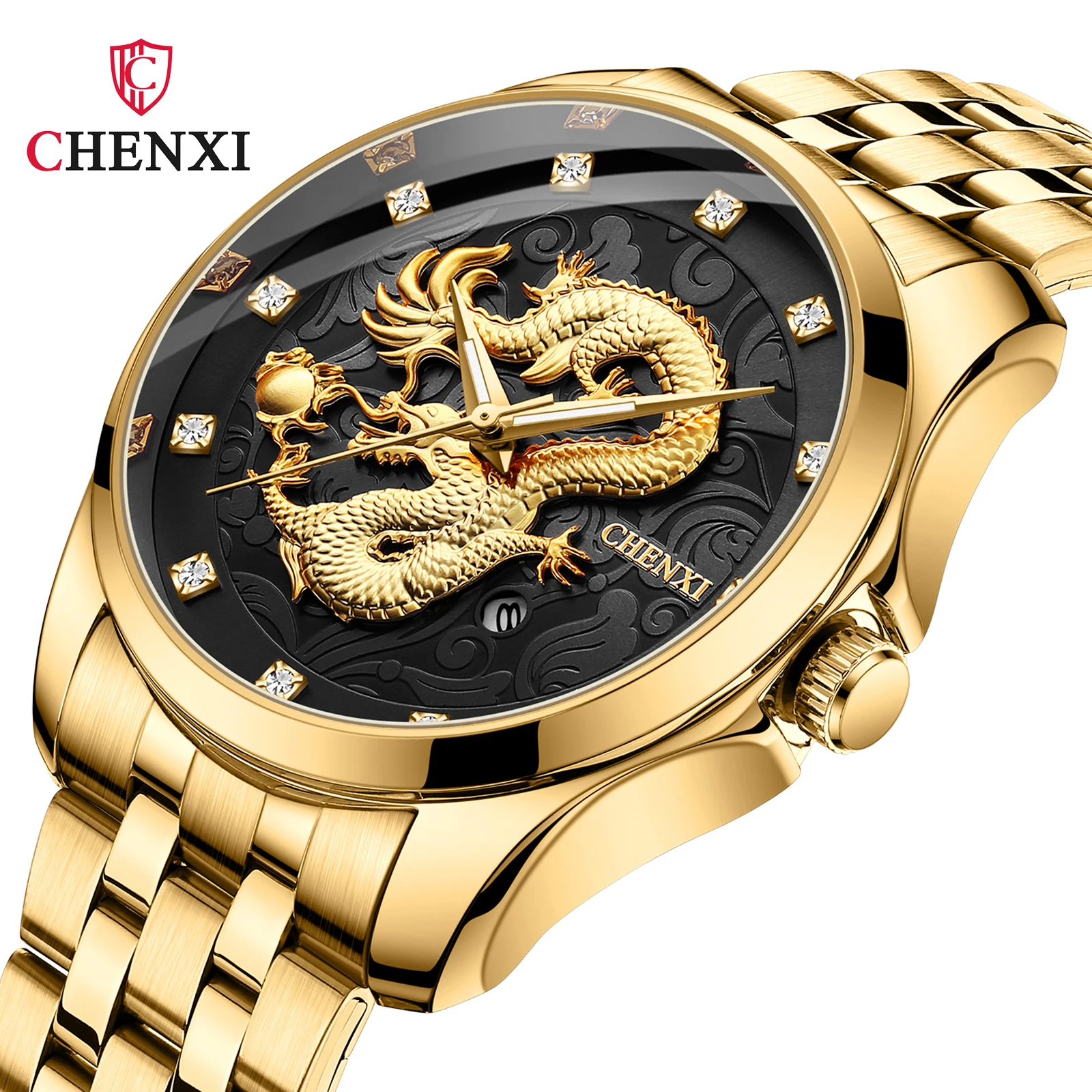

CHENXI Fashion Top Luxury Brand Rhinestone Dragon 3ATM Waterproof Mens Wrist Stainless Steel Luminous Calendar Quartz Watch