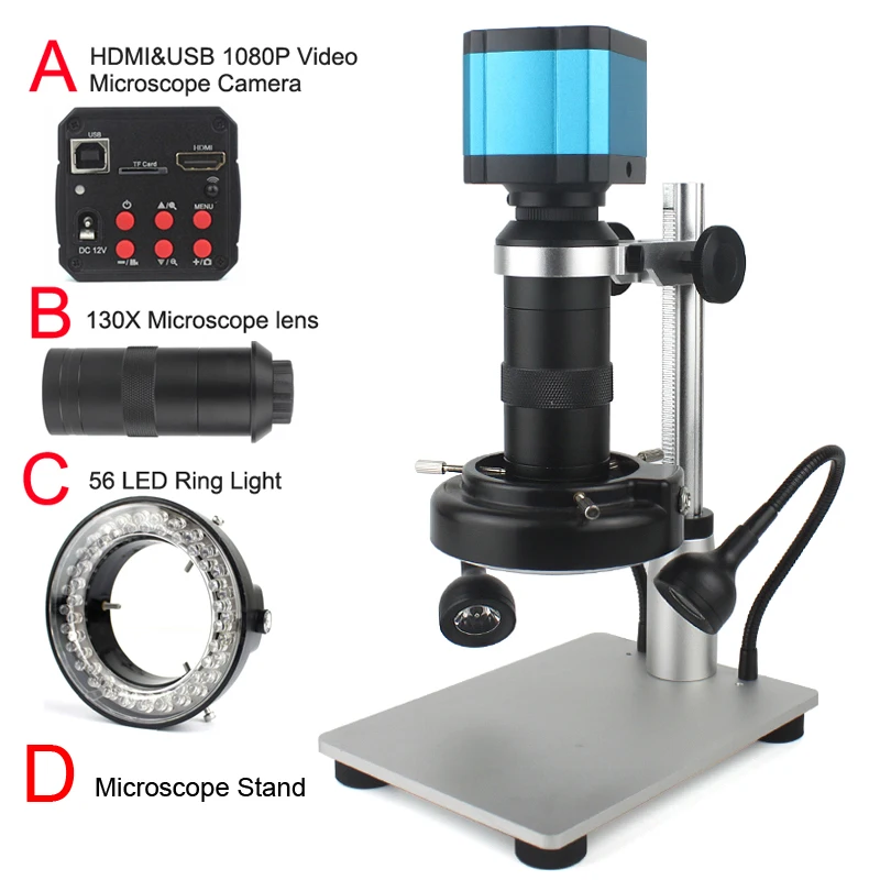 

2K HDMI Digital Video Monocular Microscope Digital Camera Set 130X C-Mount LED Light For Soldering Mobile Phone Repair Tools