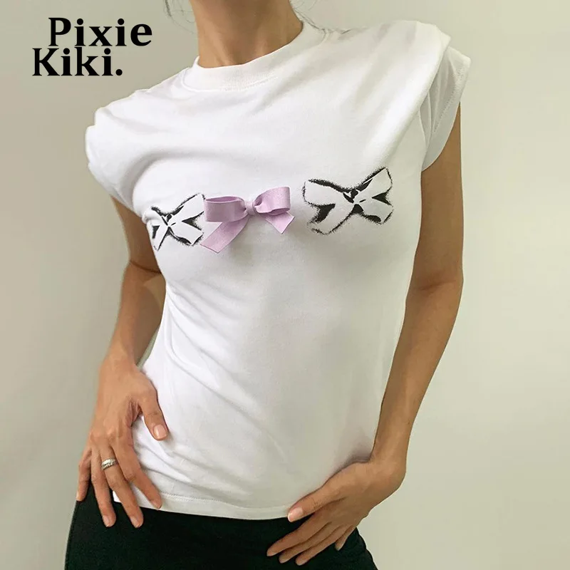

PixieKiki Baby Tees Y2k Girl Kawaii Clothes Bow Graphic T Shirts for Women White Short Sleeve Crop Tops Cutecore P85-BZ12