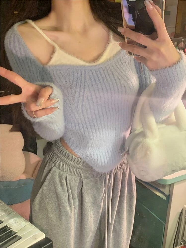 

Женский Повседневный трикотажный свитер, однотонный пуловер с длинным рукавом и имитацией двух предметов, модель Y2k в Корейском стиле на зи...