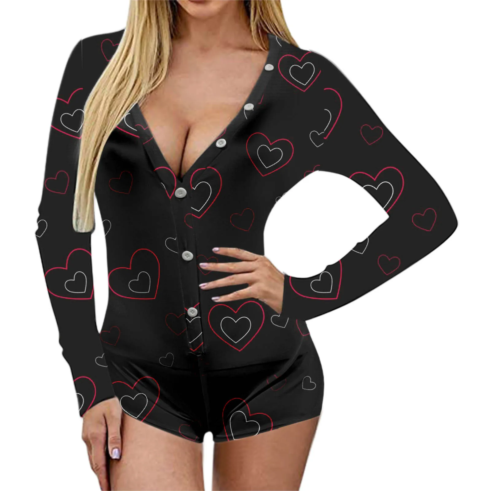 

Женская пикантная облегающая Пижама с глубоким V-образным вырезом, комбинезон на пуговицах, боди, шорты, комбинезон, трико с принтом, боди с к...