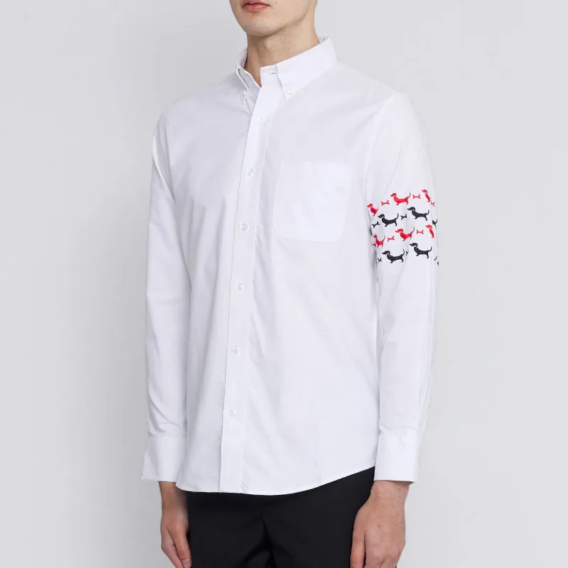 TB THOM Men's Casual Button Down Shirts Luxury Brand Oxford Regular fit Dress Shirt Puppy Embroidery Long Sleeve Shirt