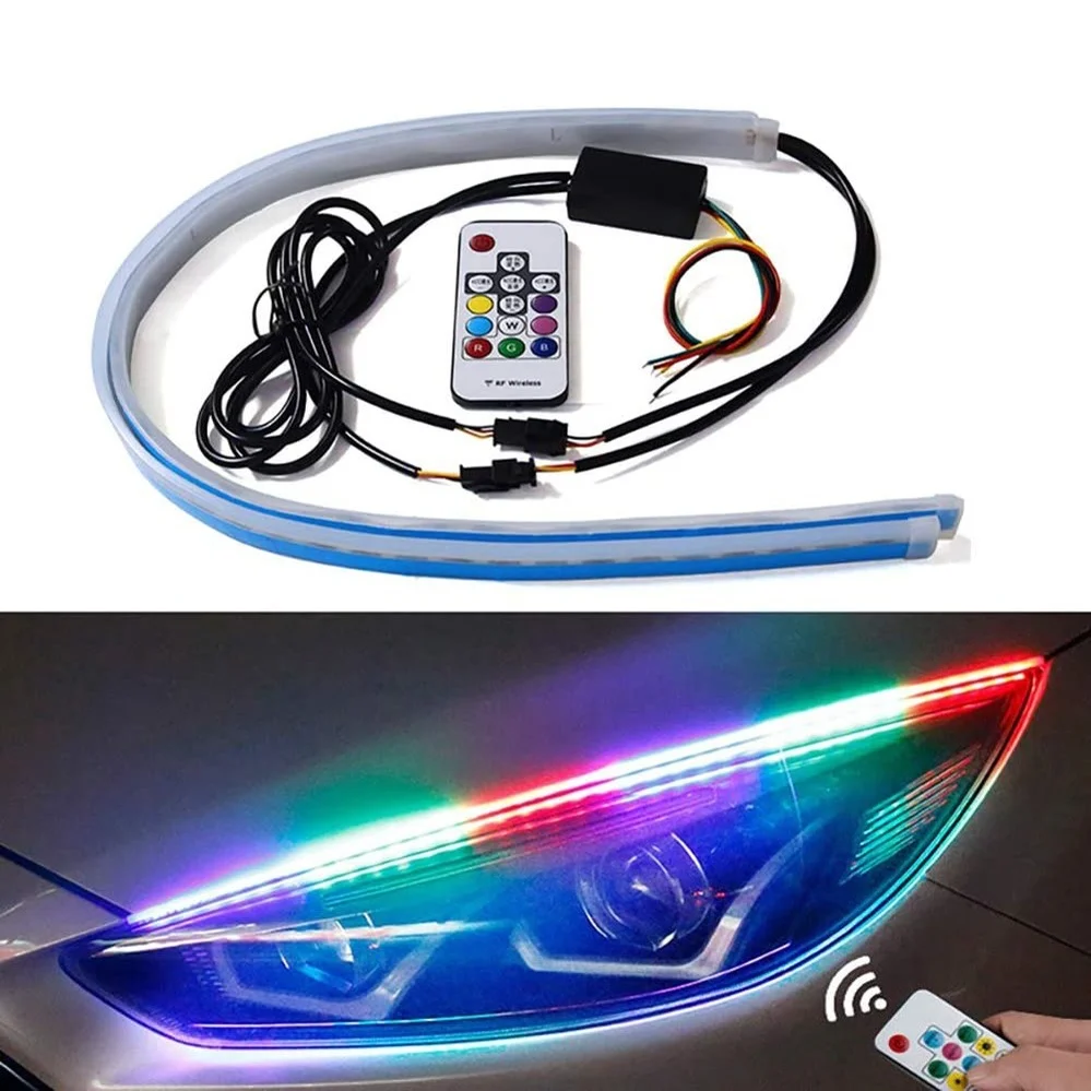 

1pair 12V RGB Flowing LED DRL Daytime Running Lights App Remote for Car Headlights Flexible LED Strip Turn Signal Lamp Day Light