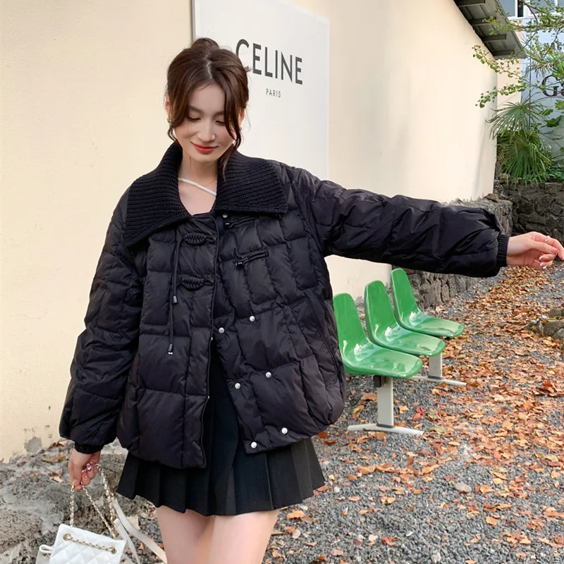 Knit Large Lapel Short Down Jacket Women's Winter Vintage Cotton Jacket Double Button Thick Warm White Eiderdown Jacket