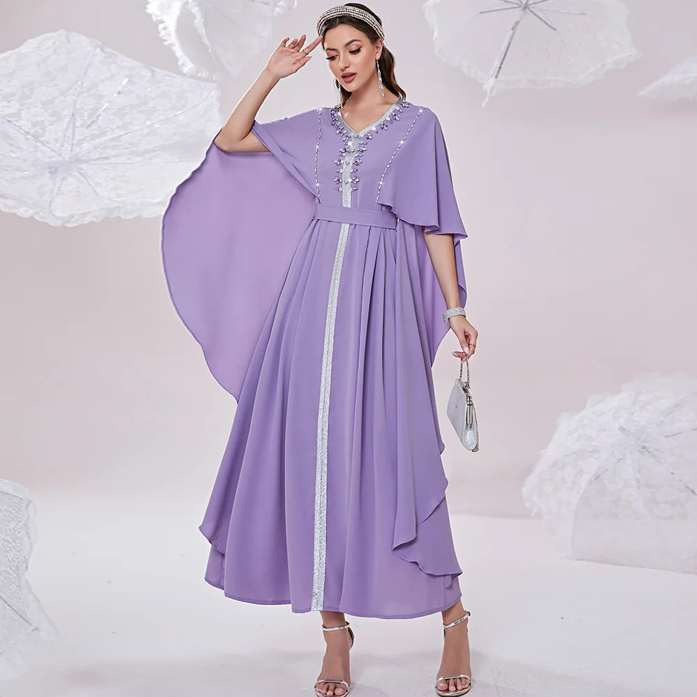 Women Summer Muslim Elegant Purple V-neck Sewn Diamond Dress Turkish Abaya Arab Islamic Women Moroccan Kaftan Named Gown