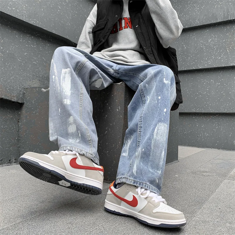 2023 Casual Baggy Jeans Mens Korean Streetwear Fashion Hip Hop Straight Wide Leg Trousers Blue Gray