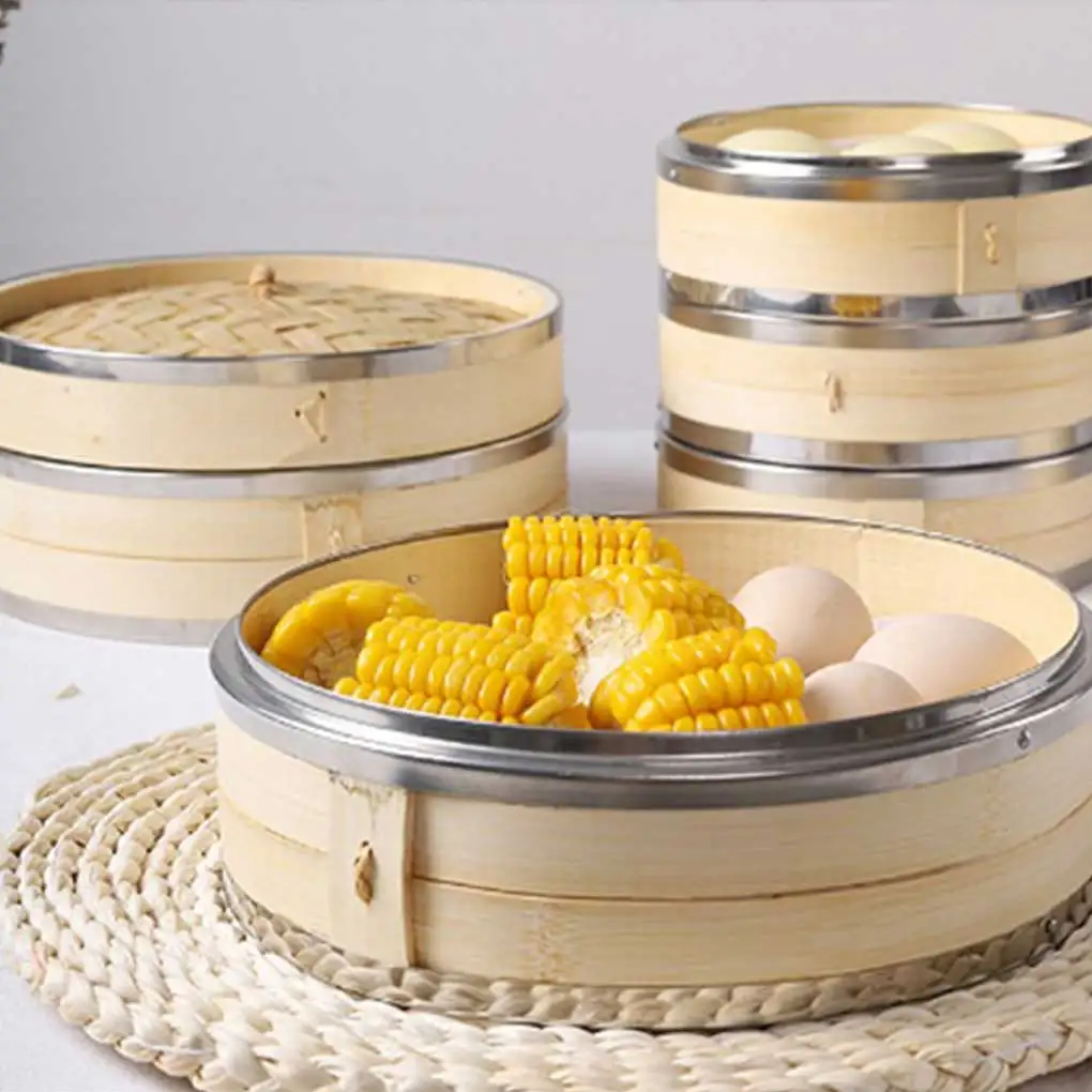 

24cm Steamer Basket Bamboo Kitchen Cooking Steaming Food Reusable Washable Double Layer Stackable Manual Traditional