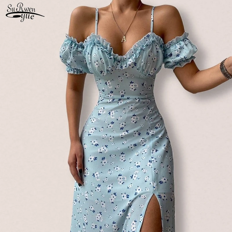 

Женское платье средней длины, элегантное платье с цветочным принтом и коротким рукавом-фонариком, модель 2022 на лето