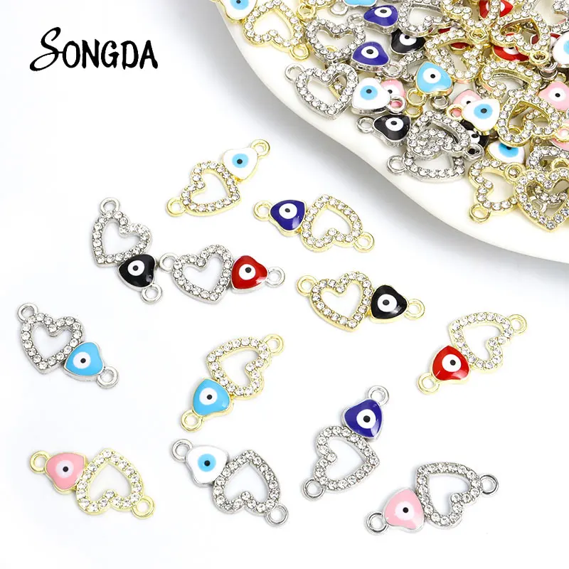 

10pcs Enamel Crystal Heart Evil Eye Charm Connectors Lucky Turkish Eyes Alloy Pendant Charms DIY Bracelet Making Findings Gift
