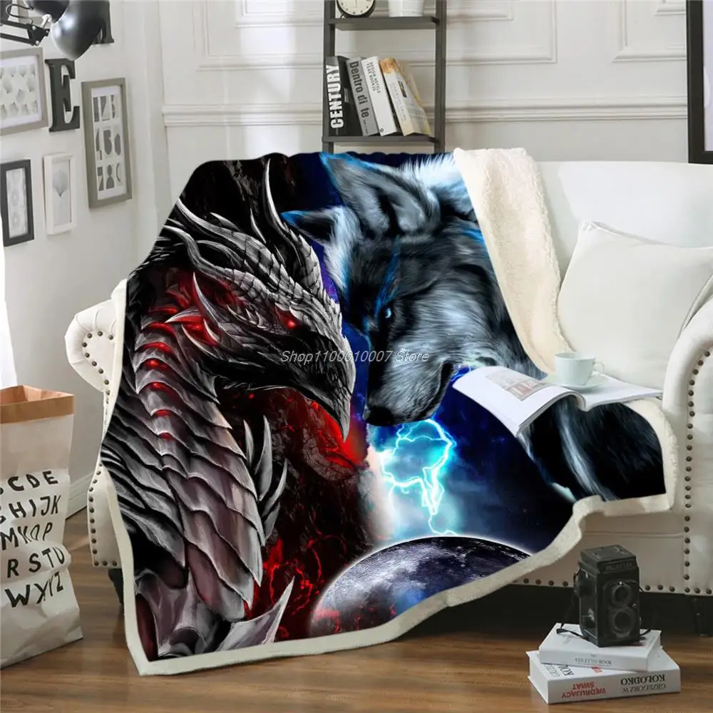 

Wolf und drachen Decke Sherpa Fleece Bettdecke Decke Vintage Bettwäsche Platz Picknick Wolle Weiche Decke