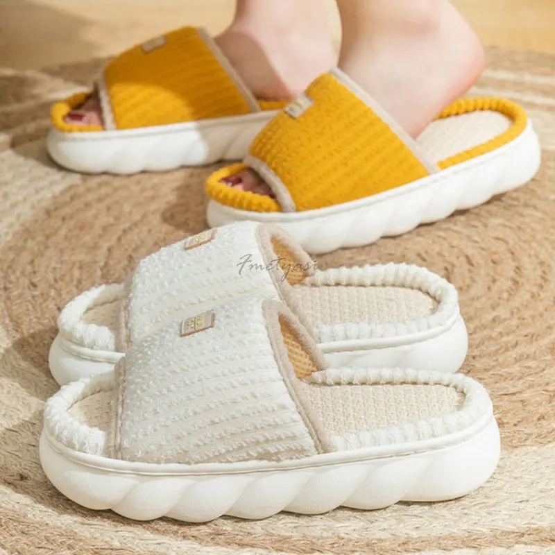 Casual Women Home Slippers Flax Solid Striped House Slippers Non-Slip Female Indoor Platform Shoes for Woman Bedroom Slippers