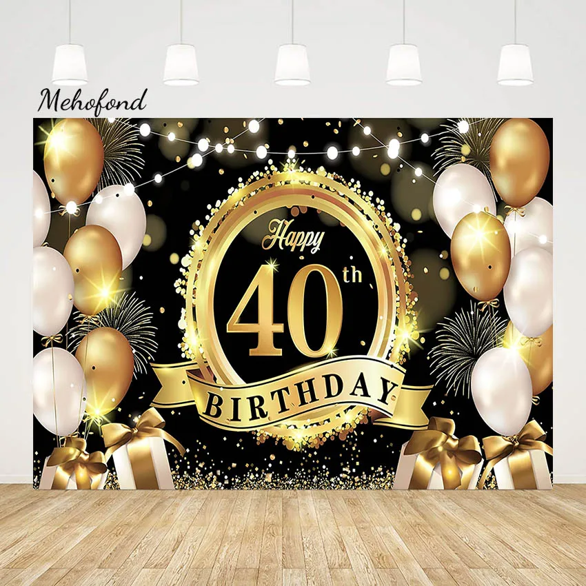 

Mehofond Black Golden Happy 40th Birthday Backdrop Banner Adult Gentleman 30th 50th Glitter Balloon Photo Background Studio Prop