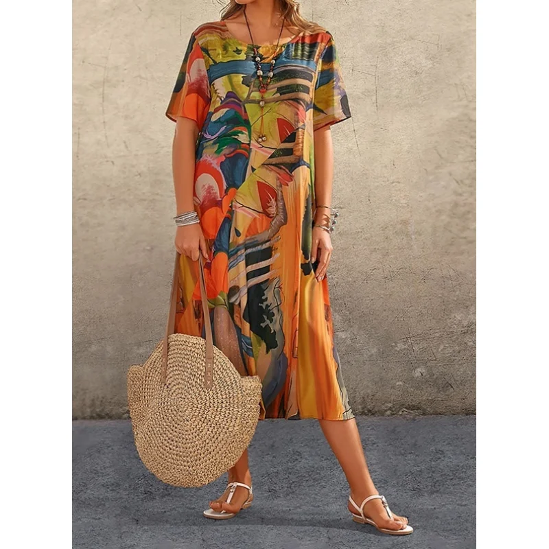 

Summer New Womens Dress Holiday Vintage Bohemian Round Neck Short Sleeve Fashion Loose Casual Printing Pullover Female Dresses