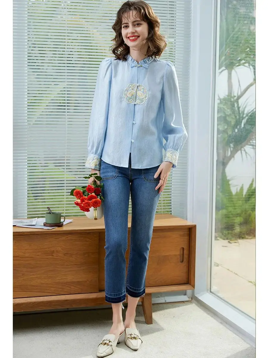 Рубашка с вышивкой в китайском стиле от LOUIS YAO новинка весны 2024 элегантная