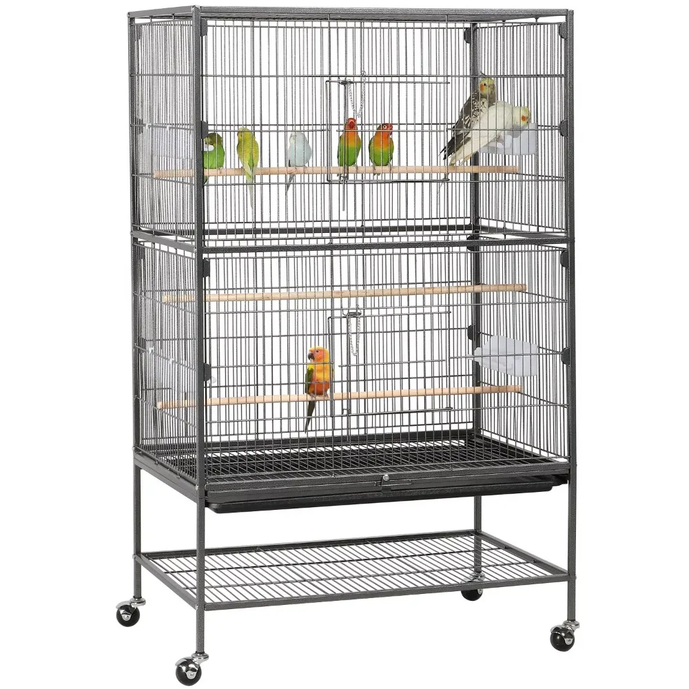 

SmileMart Metal 52" Large Rolling Bird Cage with 3 Perches and 4 Feeders, Black Bird House