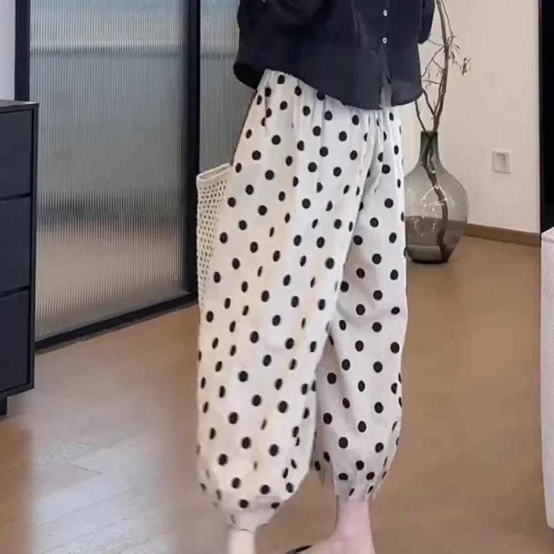 Женские брюки в горошек из ледяного шелка Новинка лета 2024 эластичные свободные