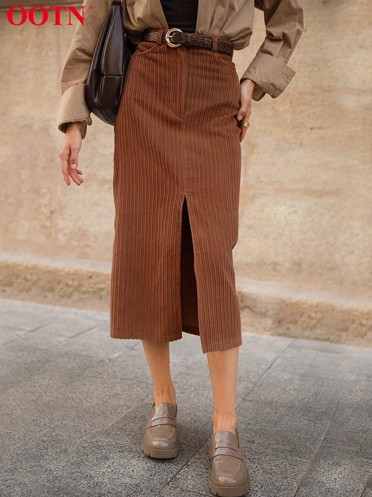 

Повседневные коричневые прямые юбки OOTN с высокой талией, женские осенние Облегающие юбки миди с разрезом, однотонная уличная юбка на молнии...