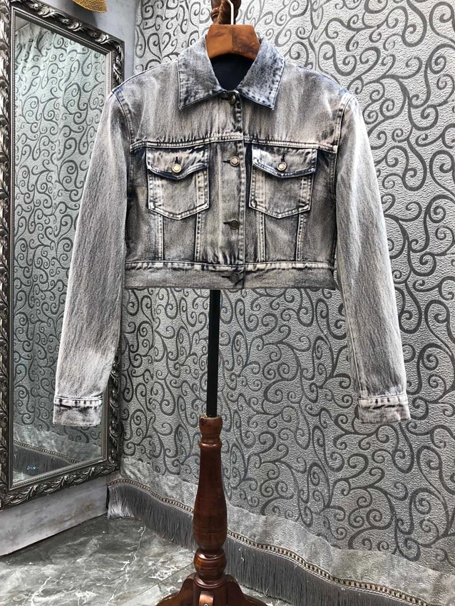 

2022 new women fashion high quality long sleeve lapels cropped denim jacket jacket 1003