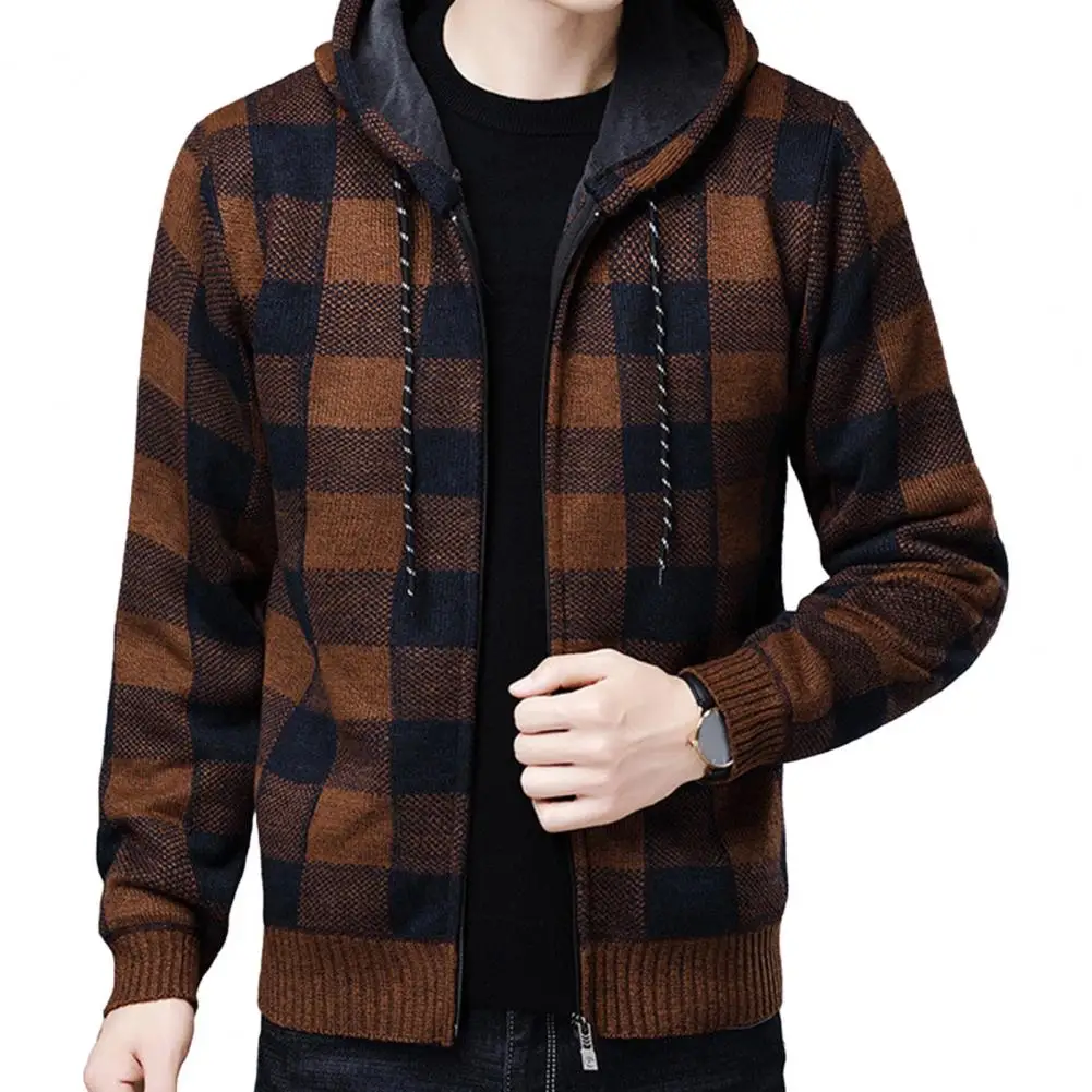 Мужская тонкая куртка в клетку зимний кардиган с капюшоном и клетчатым принтом