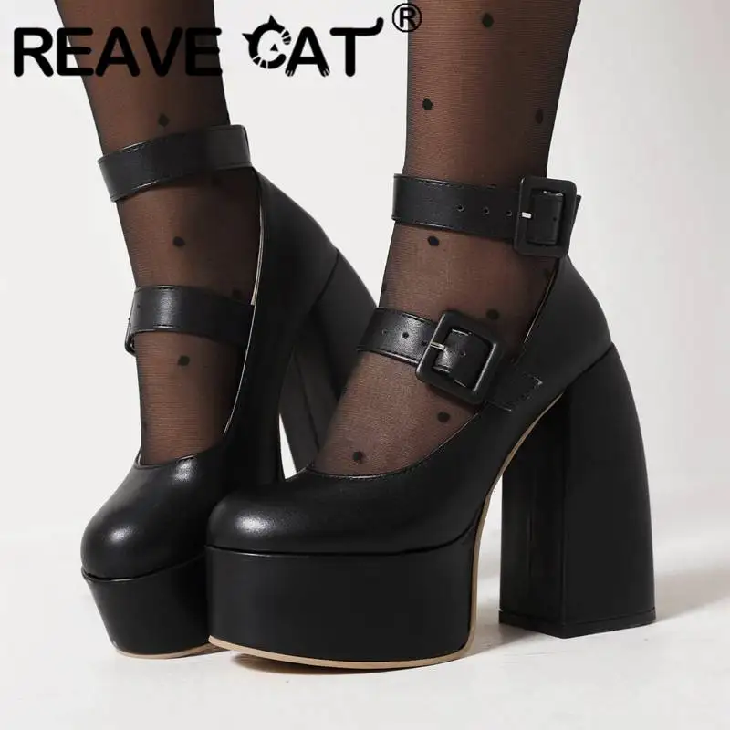 

Женские туфли на массивном каблуке REAVE CAT, туфли-лодочки с круглым носком и ремешком на платформе 14,5 см, привлекательные праздничные туфли с ...