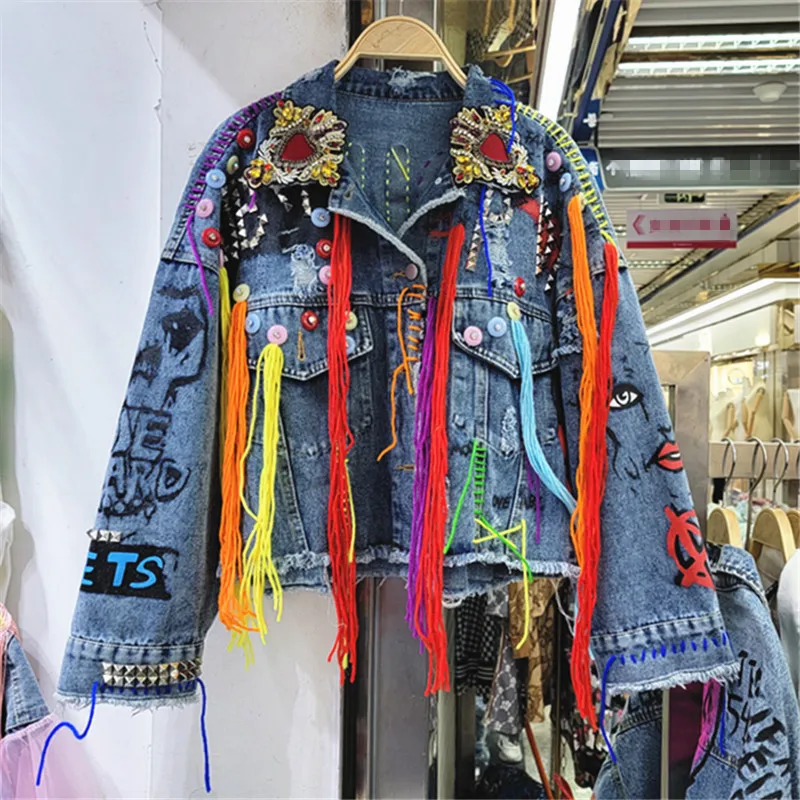 

Multicolour Diamonds Holes Denim Jacket Women Loose Short Hem Frayed Cowboy Outerwear Korean Big Pocket Jeans Jacket Coat Female