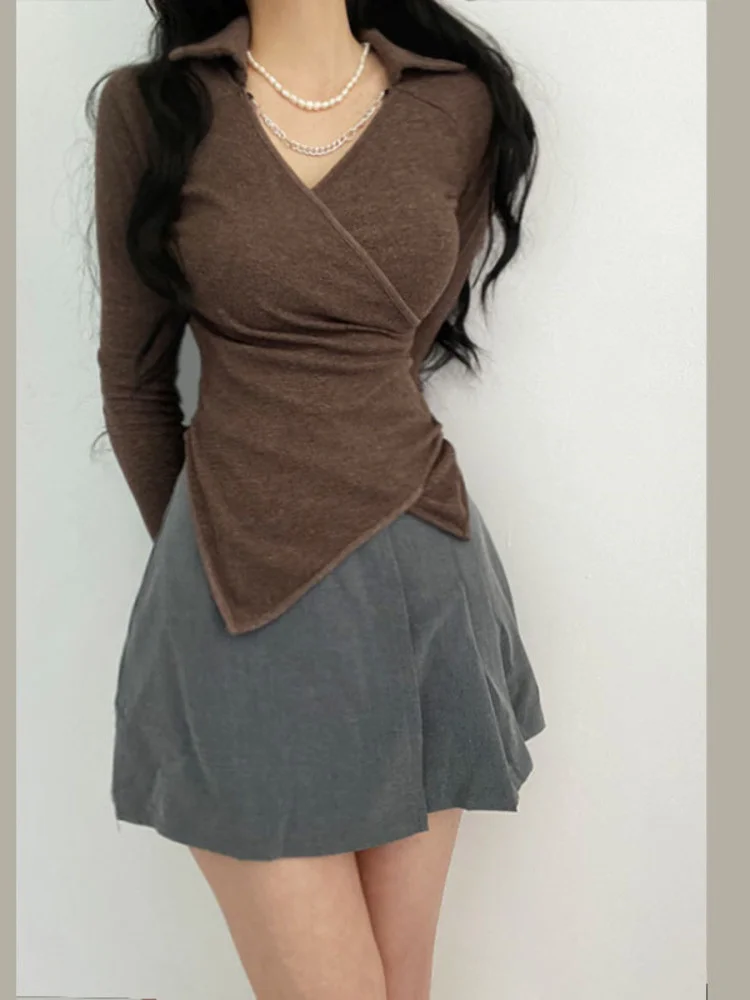 

Elegant V-neck Sweet Cross High Waist Thin Long Sleeve T-shirt 2022 Spring Chain Spice Girl Long Sleeve Tees Korean Hot JFC7