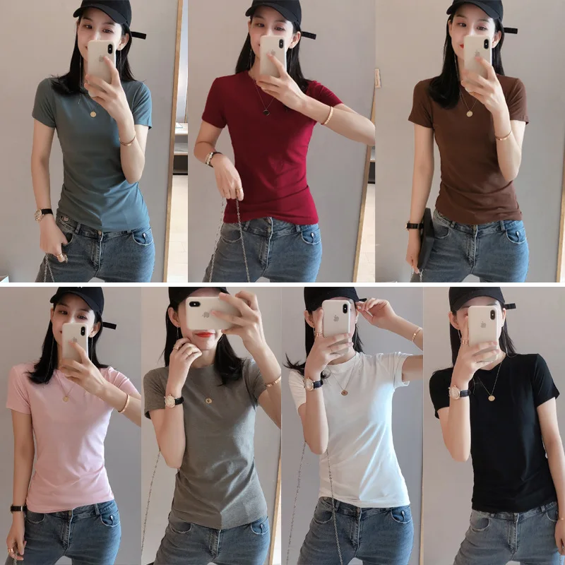 

2022 New Summer Fashion Korean T Shirt O Neck Slim Short Sleeve Tops Female Solid Basic Casual Temperament Tshirt Woman