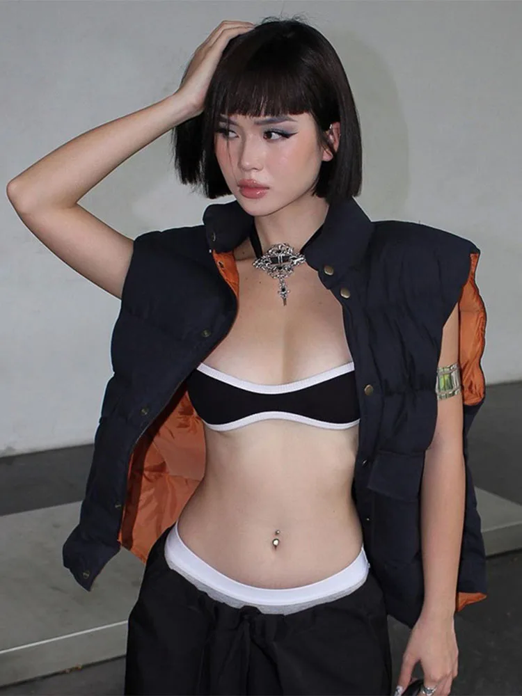 Черные укороченные топы с принтом повседневные без рукавов новинка 2023 Y2K