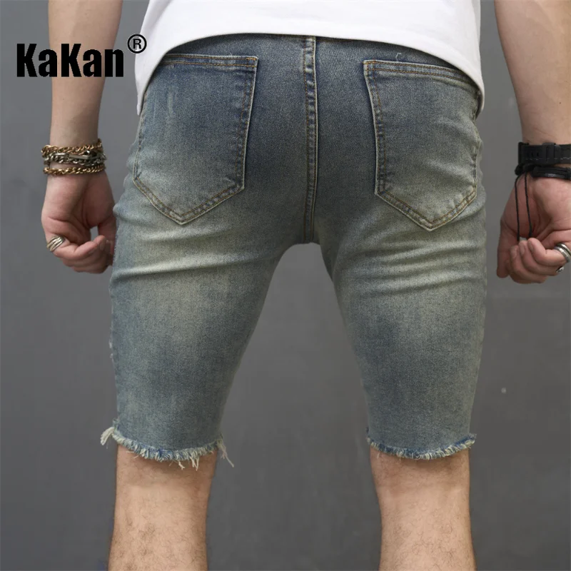 Kakan - European and American Summer New Torn Five Piece Pants Jeans for Men, Casual Slim Fit Small Foot Elastic Jeans K9-6117