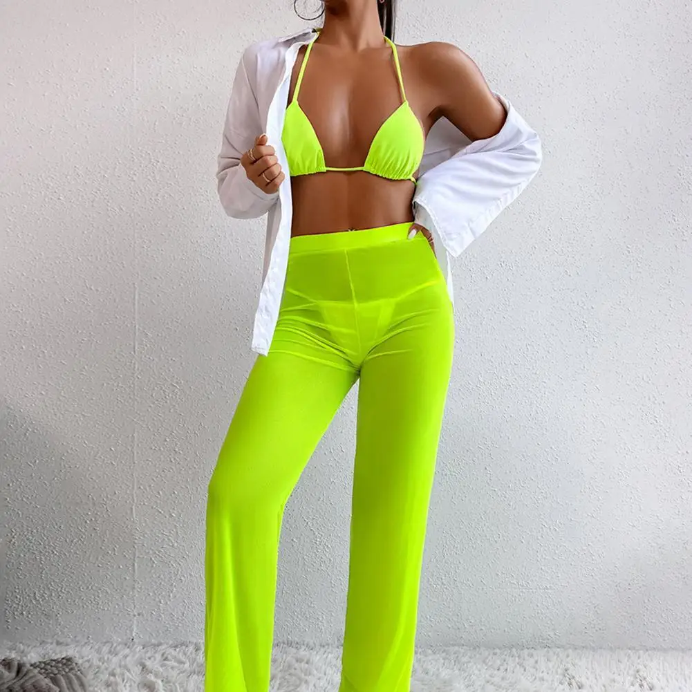 

3 шт./компл. комплект бикини с лямкой на шее, на шнуровке сзади, с регулируемыми бретельками, однотонный бюстгальтер, прозрачные стринги, брюк...