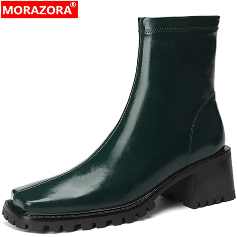 

MORAZORA 2023 New Ankle Winter Platform Boots Ladies Genuine Leather Women Boots Thick High Heels Zipper Shoes
