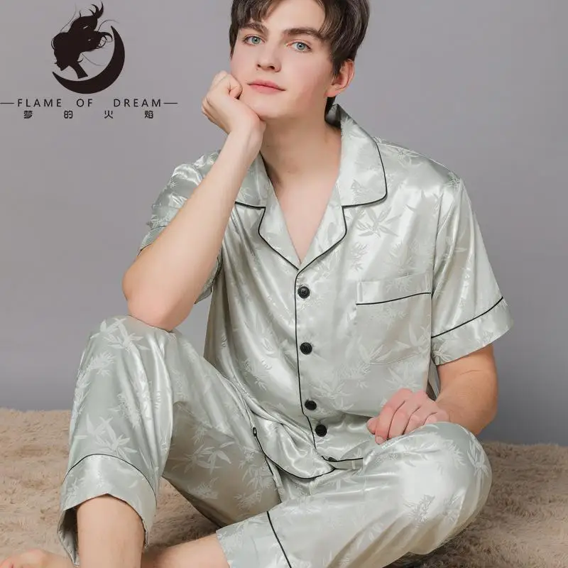 Flame Of Dream New Spring And Autumn Silk Pajamas Autumn Ice Silk Men's Pajamas Home Clothes Short Sleeve Large Suit 221044