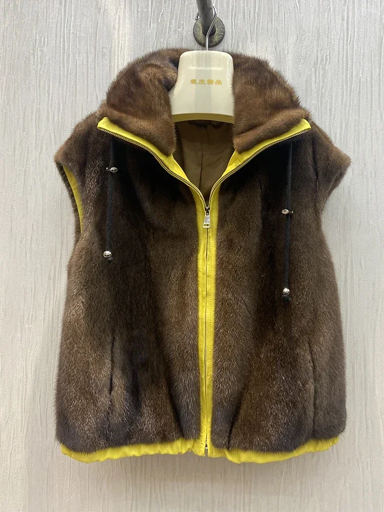 

2023 New Arrival Hot Sale Fashion Women Winter Thick Warm Real Mink Fur Vest Sleeveless Mink Fur Collar Zipper Waistcoat
