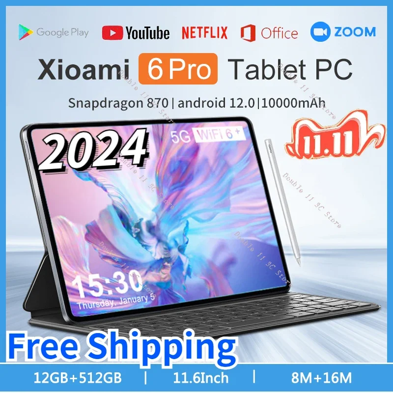 

2024 New Global Version Tablet Android 12.0 Snapdragon 870 Pad 6 Pro 12GB+512GB Tablets PC 5G 11Inch 10000mAh Dual SIM Card WIFI