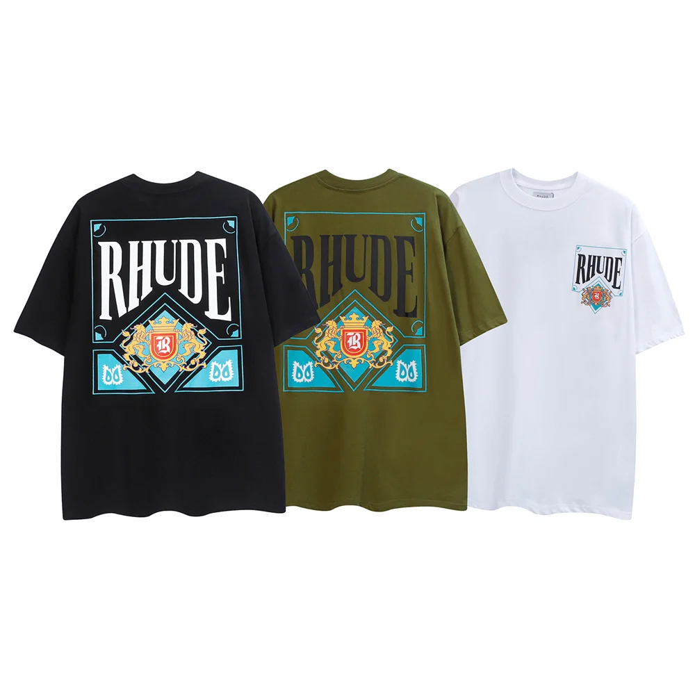 

RHUDE Streetwear Fashion letters logo Card Printing T Shirts Men Women Couple style Cotton Loose Casual HipHop Tees Best Quality