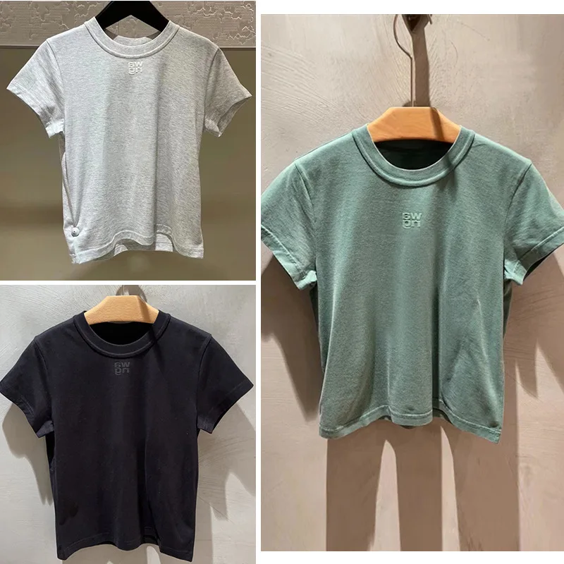 

2022 Summer Women Short Sleeve Cotton T-Shirt Top O-Neck Short Design Slim Tee Top Colorful High Street Summer Wear