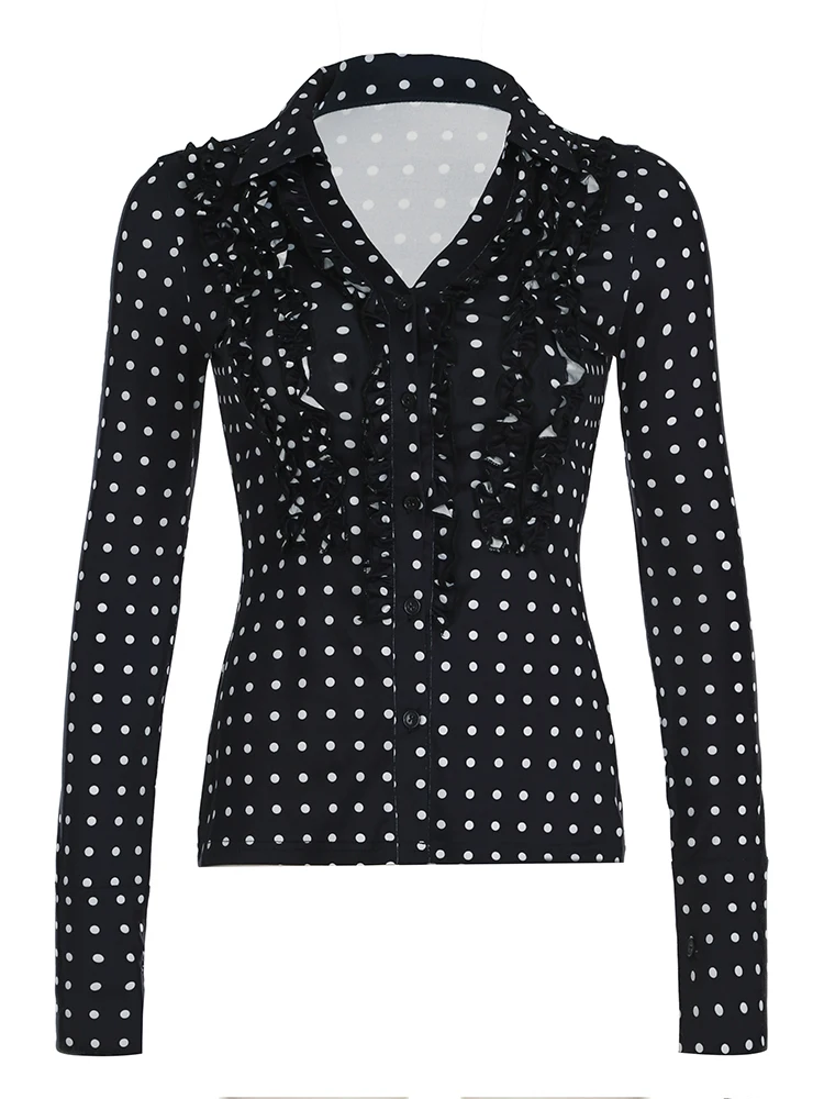 Rockmoer блузки с принтом в горошек женские винтажные однобортные рубашки рюшами и