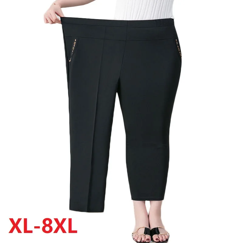 

Extra Large Size 8XL Women Summer Pants 2022 New Elastic High Waist Casual Ninth Pants Middle-aged Elderly Female Straight Pants