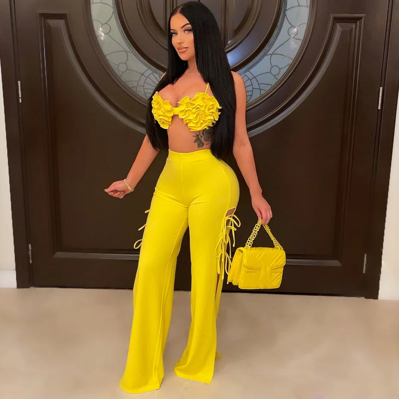 

WUHE Beautiful Rose Design Top And Palazzo Pants Set Two-Piece Outfits Summer Laced Crop Top And Matching Suit Set Clubwear