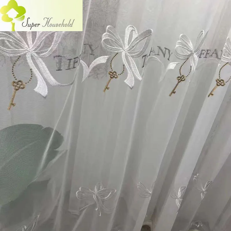

European Style White Embroidered Bowknot Key Pattern Tulle Curtains for Children Bedroom Lliving Room Window Sheer Lace Bottom