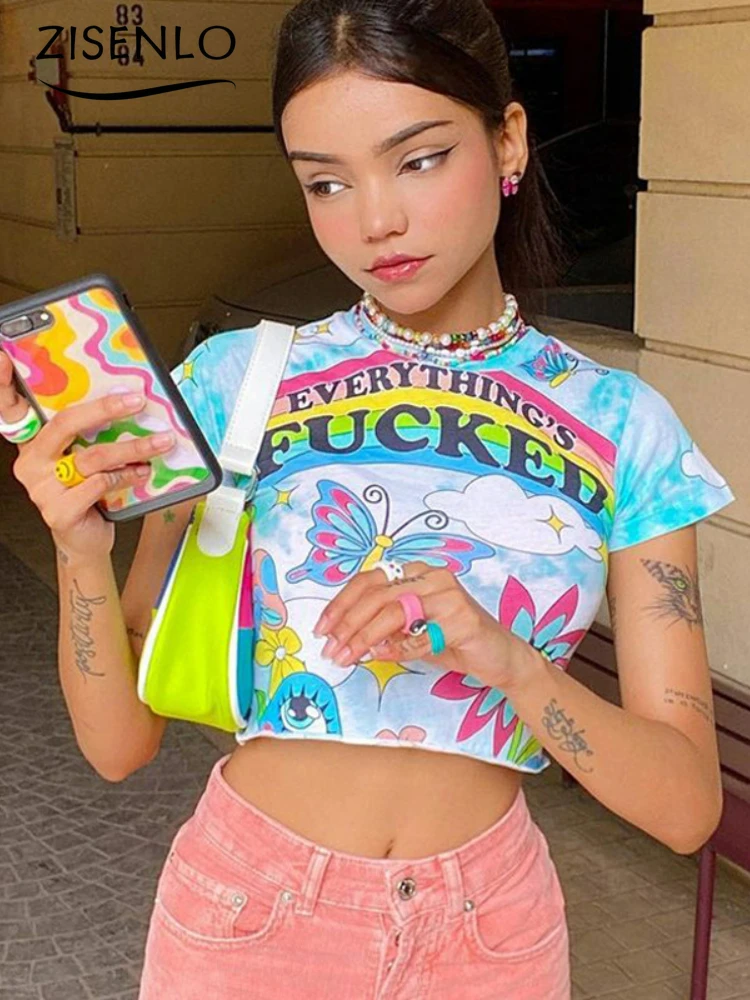 

Женская футболка с круглым вырезом, облегающий короткий топ с принтом, весна-лето 2022