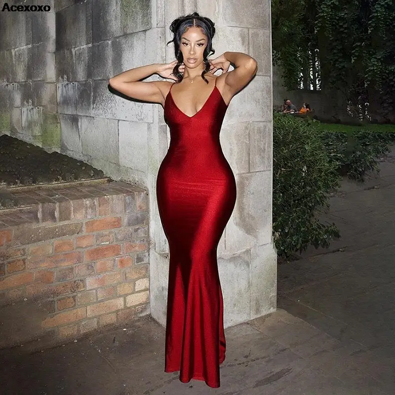 

Hot style red sexy backless dress Deep V-belted fishtail dress