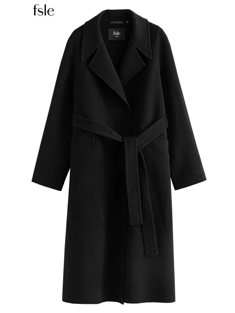 

FSLE 9.8% Cashmere 90.2% Women Long Black Temperament Simple Woolen Jackets Suit Collar Women Winter Office Lady Wool Coats
