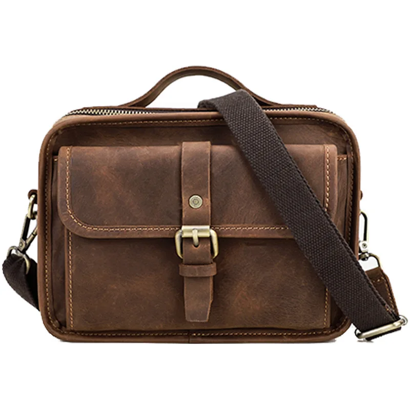 Genuine Leather Men's Messenger Handle Handbag Male Cross Body Bag for IPAD Man Crazy Horse Business Briefcase Big Shoulder Tote