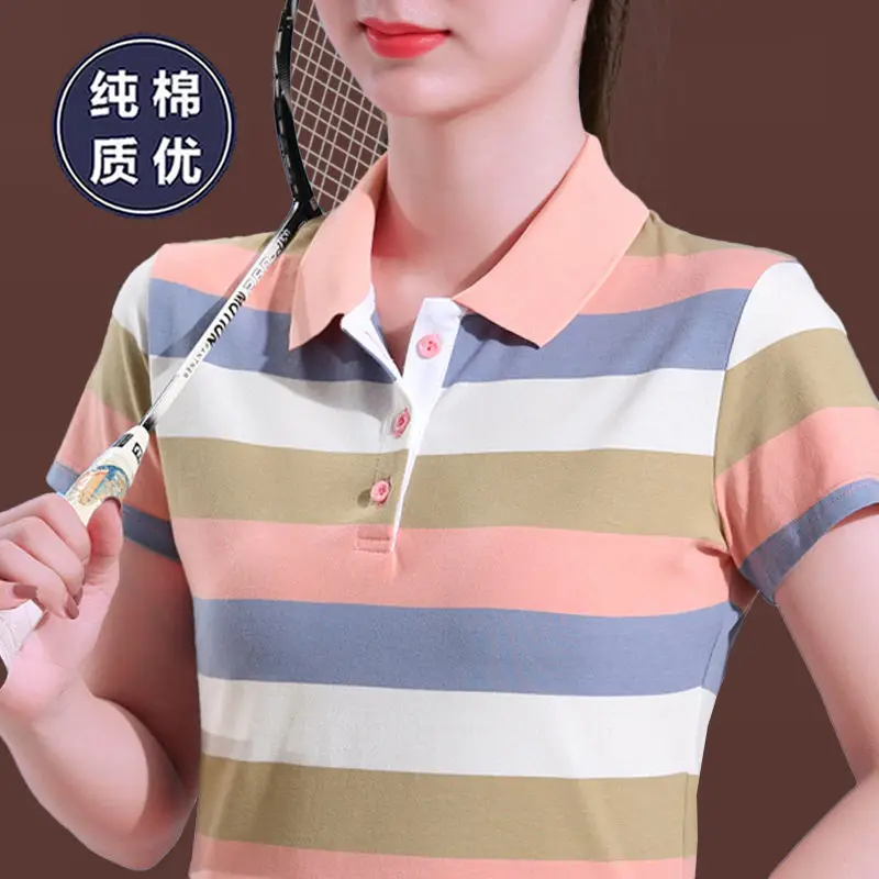 

Women's Cotton Short-Sleeved T-shirt, 2023 Summer Latest Striped Casual Sports Lapel Elegant Polo Shirt