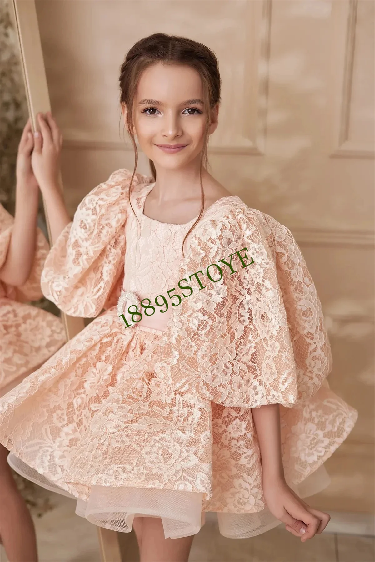 Персиковое розовое Цветочное платье для девочек кружевное Тюлевое с