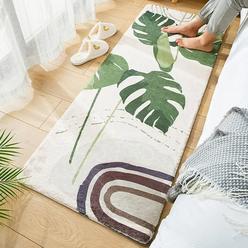 

Nordic Fluffy Soft Bedroom Carpet Tropical Plants Kids Room Bedside Rug Non-Slip Floor Mat Living Room Decoration Long Area Rug