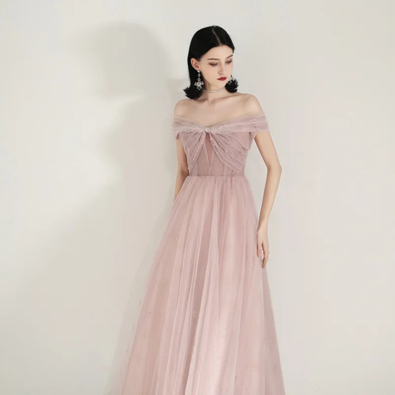 Elegant Tulle Prom Evening Dress A-line Robes De Soirée Women Pink Off Shoulder Sequins Party Gowns