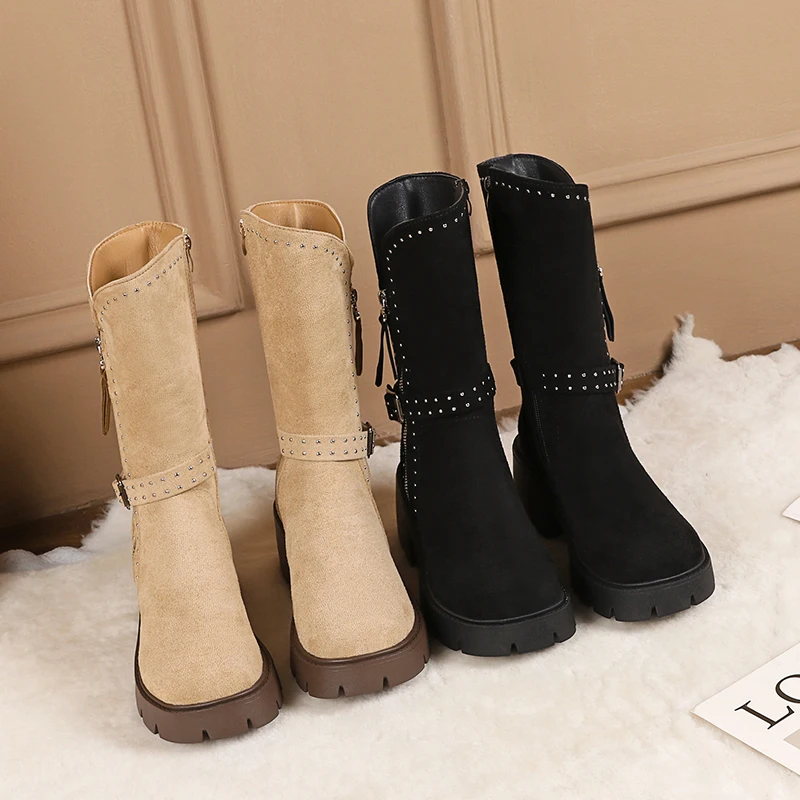 

Женские сапоги в британском ретро стиле, новинка 2022, осенне-зимние сапоги до колена, Нескользящие, с ремешком и пряжкой, на толстом каблуке, д...